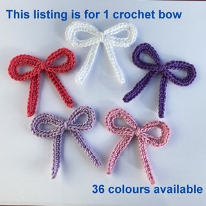 May include: Five crocheted bows in different colours: red, white, purple, lavender, and pink. The text "This listing is for 1 crochet bow" and "36 colours available" is visible in the image.