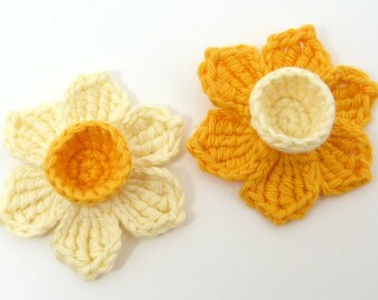 Crochet applique , crochet daffodils, 2 applique daffodils, cardmaking, scrapbooking, appliques, handmade, sew on patches. embellishments