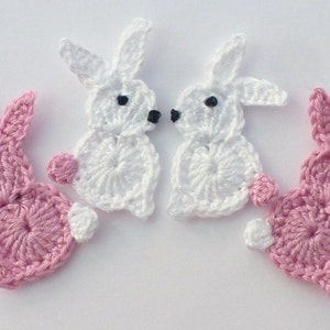 Crochet applique, Crochet rabbits, 4 small Easter bunnies, cardmaking, appliques, scrapbooking, handmade, sew on patches. embellishments