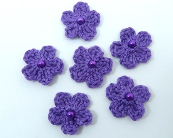 Crochet appliques, 6 small purple crochet flowers, cardmaking, scrapbooking, appliques, craft embellishments, sewing accessories