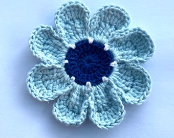 Crochet appliques, 1 extra large pale blue crochet flower, cardmaking, scrapbooking, appliques, craft embellishments, sewing accessories