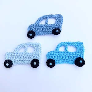 Applique cars, Crochet applique, 3 small crochet cars,  cardmaking, scrapbooking, appliques, handmade, sew on patches. embellishments