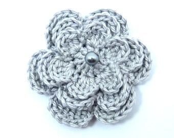 Crochet appliques, 1 medium three layer grey crochet flower, cardmaking, scrapbooking, appliques, craft embellishments, sewing accessories.