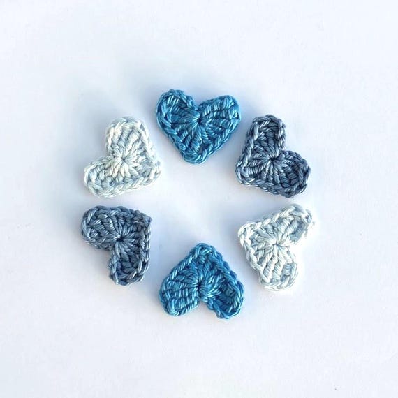 Crochet hearts, Crochet appliques, 6 blue applique hearts, cardmaking, scrapbooking, appliques, craft embellishments, sewing accessories