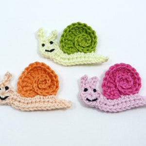 Applique au crochet, 3 petits escargots en applique, fabrication de cartes, scrapbooking, appliques, fait main, patchs à coudre. embellissements