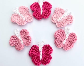 Crochet applique, 6 small pink applique butterflies, cardmaking, scrapbooking, appliques, handmade, sew on patches. embellishments