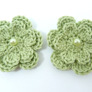 Crochet appliques, 2 pale green two-layer crochet flowers, cardmaking, scrapbooking, appliques, craft embellishments and sewing accessories