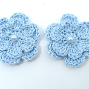 Crochet applique, 2 pale blue two-layer crochet flowers, cardmaking, scrapbooking, appliques, handmade and sew on patches embellishments