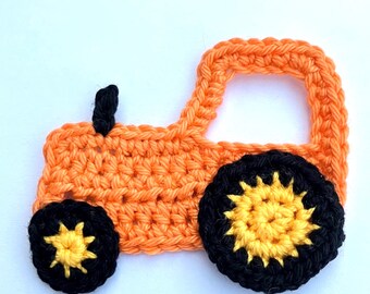 Crochet applique, crochet, 1 large orange applique tractor, cardmaking, scrapbooking, appliques, craft embellishments, sewing accessories