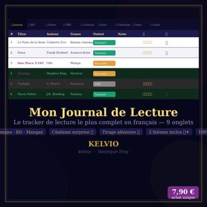 Peut inclure: Un journal de lecture numérique sur fond bleu foncé. Le journal comprend une liste de livres avec titres, auteurs, genres et statuts. Le texte "Mon Journal de Lecture" est affiché en évidence, ainsi que le nom de la boutique Etsy.