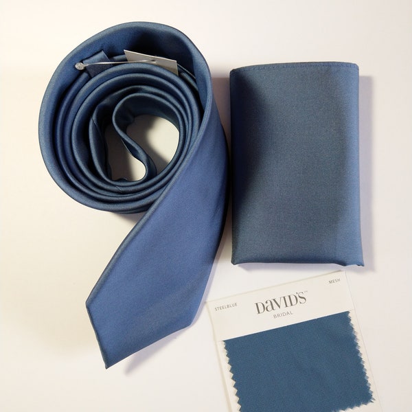 Steel blue men's necktie with pocket square option