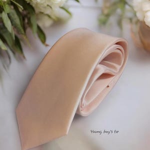 May include: A light pink satin tie. The tie is folded in half and the ends are tucked inside the fold. The text "Young boy's tie" is written in the bottom right corner of the image.