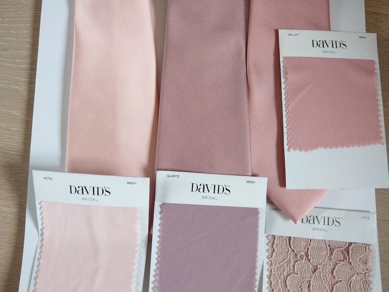 May include: Swatch cards for David's Bridal featuring different shades of pink fabric in mesh and lace. The swatches are labeled with the names "Petal", "Quartz", "Ballet", and "Cameo".