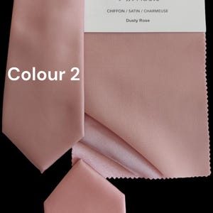 May include: Three fabric swatches in dusty rose color. The top swatch is labeled "JJ's House, Chiffon/Satin/Charmeuse, Dusty Rose". The swatches are labeled "Colour 2" and "Colour 3".