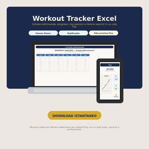 May include: A laptop and tablet display a workout tracker spreadsheet and progress chart. The text "Workout Tracker Excel" is at the top, with additional text below. The background is a dark blue with a beige base.