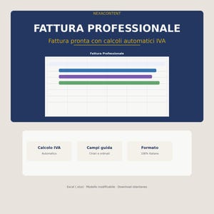 Può includere: Grafica digitale con il testo "FATTURA PROFESSIONALE" e "Fattura pronta con calcoli automatici IVA". Sotto, un grafico con linee orizzontali colorate. La sezione inferiore ha tre riquadri con testo: "Calcolo IVA", "Campi guida" e "Formato".
