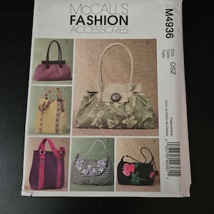 May include: A McCall's Fashion Accessories sewing pattern featuring various handbag designs. The pattern includes images of handbags in different colors and styles, including floral and patterned options. The pattern number is M4936.