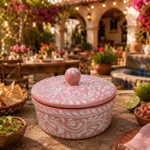 May include: A round, pink ceramic lidded container featuring a white hand-painted swirling floral pattern. The lid has a small, rounded knob handle at the center. The container is positioned on a textured surface alongside bowls of food.