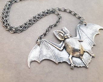 Silver Bat Necklace Gothic Vampire Jewelry Victorian Natural History Winged Goth Pendant Choker Antiqued Silver Horror Theme
