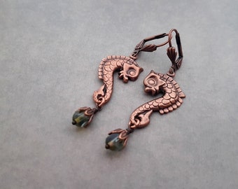 Seahorse Earrings Light Green Glass Drops Natural HIstory Hippocampus Ocean Creature Sea Animal Quirky Fish Steampunk Jewelry Antique Copper