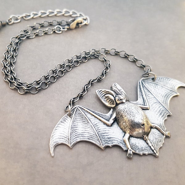 Silver Bat Necklace Gothic Vampire Jewelry Victorian Natural History Winged Goth Pendant Choker Antiqued Silver Horror Theme