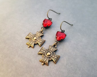 Gothic Jewelry Sacred Heart Earrings Bright Red Heart Maltese Cross Medieval Renaissance Love Symbol Victorian Catholique Antique Brass