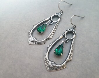 Art Deco Earrings Emerald Green Tear Drops Hoop Earrings Gothic Jewelry Medieval Fantasy Ornate Jewelry