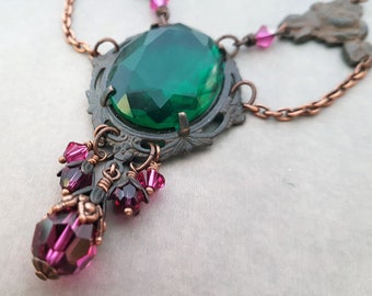 Victorian Gothic Necklace Grand Baroque Jewelry Emerald Green Crystal Jewel Rusty Black Fuchsia Swarovski Elements Ornate Magical Fantasy