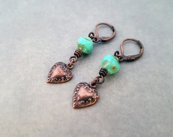 Heart Earrings Turquoise Green Romantic Victorian Copper Charm Cute Jewelry Small Dangle