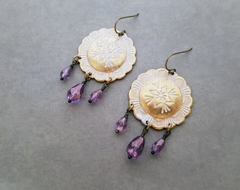 Gold Bohemian Earrings Mixed Metal Antique Amethyst Purple Lilac Dangling Fringe White Accents MIxed Metal Victorian Jewelry Boho OOAK