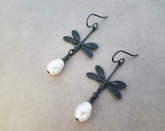 Dragonfly Earrings Art Nouveau Jewelry Black and White Victorian Gothic Insects Swarovski Elements Glass Pearl Long Earrings Nickel Free