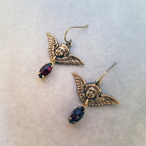 Gothic Earrings Baroque Putto Intricate Angel Wings Detailed Cherubs Ornate Neo-Victorian Renaissance Jewelry Dark Red Vintage Jewels Brass