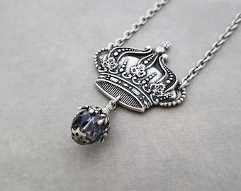 Royal Crown Necklace Purple Blue Glass Drop Romantic Victorian Gothic Pendant Ornate and Detailed Medieval Fantasy