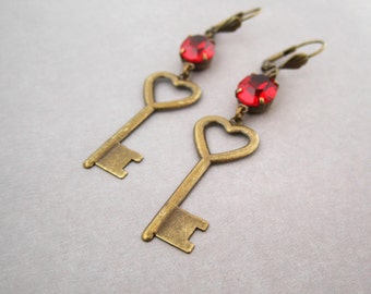 Heart Key Earrings Bright Red Crystal Vintage Stone Romantic Anniversary Gift For Women Valentine Jewelry Long Skeleton Key Antiqued Brass