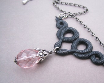 Double Snake Necklace Pale Pink Giant Drop Antiqued Silver Plated Reptile Twins Mythic Beasts Victorian Gothic Jewelry Pagan Goddess Black