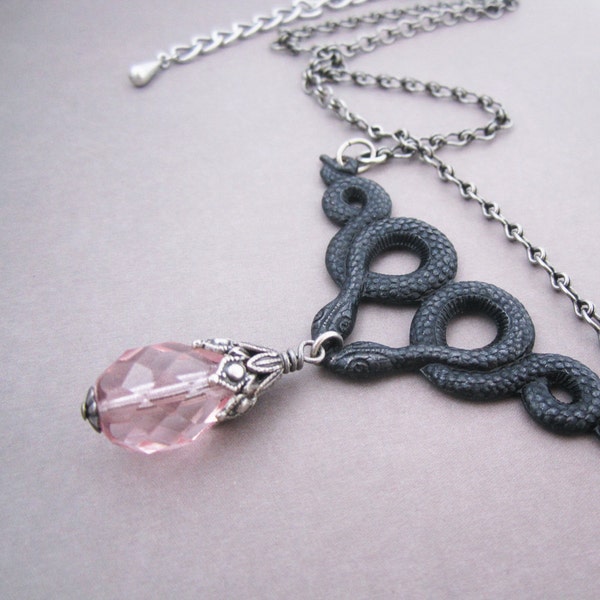 Double Snake Necklace Pale Pink Giant Drop Antiqued Silver Plated Reptile Twins Mythic Beasts Victorian Gothic Jewelry Pagan Goddess Black