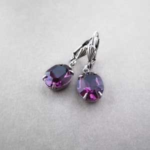 Crystal Earrings Deep Purple Rhinestone Transparent Jeweled Earrings Silver Plated Brass Oval Glass Jewel Faceted Elegant Glam Gift for Her