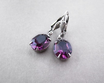 Crystal Earrings Deep Purple Rhinestone Transparent Jeweled Earrings Silver Plated Brass Oval Glass Jewel Faceted Elegant Glam Gift for Her