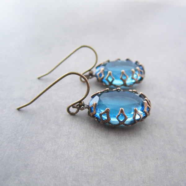 Renaissance Earrings Tudor Jewelry Victorian Ornate Frame Aqua Blue Glass Jewel Vintage Rhinestone Big Oval Light Turquoise For Her