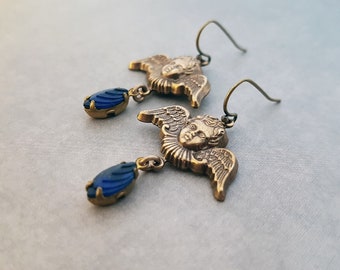 Cherub Earrings Gothic Victorian Jewelry Dark Navy Blue Glass Drops Intricate Winged Angels Detailed Charms Ornate Baroque Putti Brass