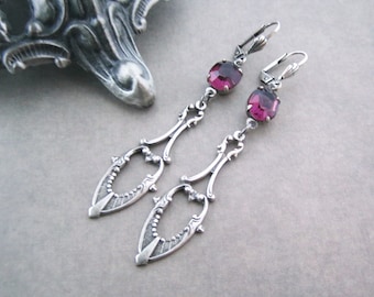 Gothic Jewelry - Victorian Earrings - Amethyst Purple Jewels with Silver Dagger Drops