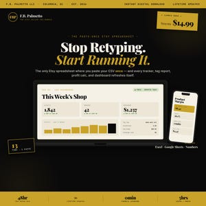 May include: Digital Etsy seller spreadsheet ad. The black and gold graphic features a laptop and phone displaying sales data. Text includes "Stop Retyping. Start Running It." and "Instant Digital Download."