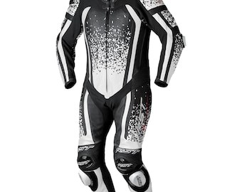 RST ブラック＆ホワイト ピクセルレーシング モーターサイクルレザースーツ - 全身保護ギア