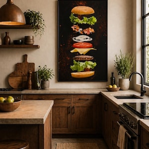 Peut inclure: Dans une cuisine chaleureuse, une impression encadrée d'un burger décomposé. On distingue les ingrédients : laitue, tomate, fromage et steak. La pièce comprend des meubles en bois, une lampe en cuivre et un tapis en jute.