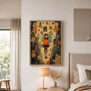 Estampado surrealista de collage de mujer flotante, obra de arte abstracta vintage de la ciudad, decoración expresiva.