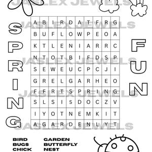 Pode incluir: Página de palavras cruzadas e colorir da primavera em preto e branco. A página inclui uma grade de palavras cruzadas, um arco-íris, uma flor, uma joaninha e uma lista de palavras para encontrar, como pássaro, insetos e jardim.