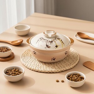 Cute Hand-Painted Cat Ceramic Casserole Dish with Lid - Kawaii Kitty Clay Pot for Stew and Soups