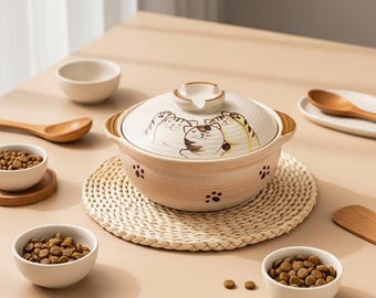 Cazuela de cerámica con tapa, pintada a mano con un adorable diseño de gato: olla de barro con forma de gatito kawaii para guisos y sopas.