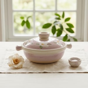 May include: A light purple ceramic cooking pot with a lid, handles, and floral designs. The pot is on a beige linen surface, with a small bowl and a flower nearby. The pot is likely used for cooking and serving.