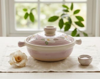 Handmade Pink Ceramic Casserole Dish with Floral Design - Artisan Clay Pot for Cooking & Serving